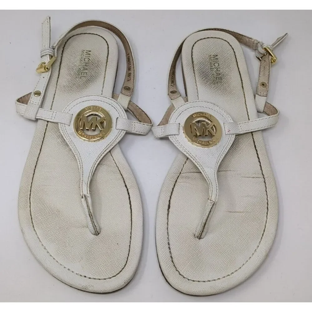 Michael‎ Kors Thong Sandals Leather Flat Big MK Logo Leather White Women's 7.5 M